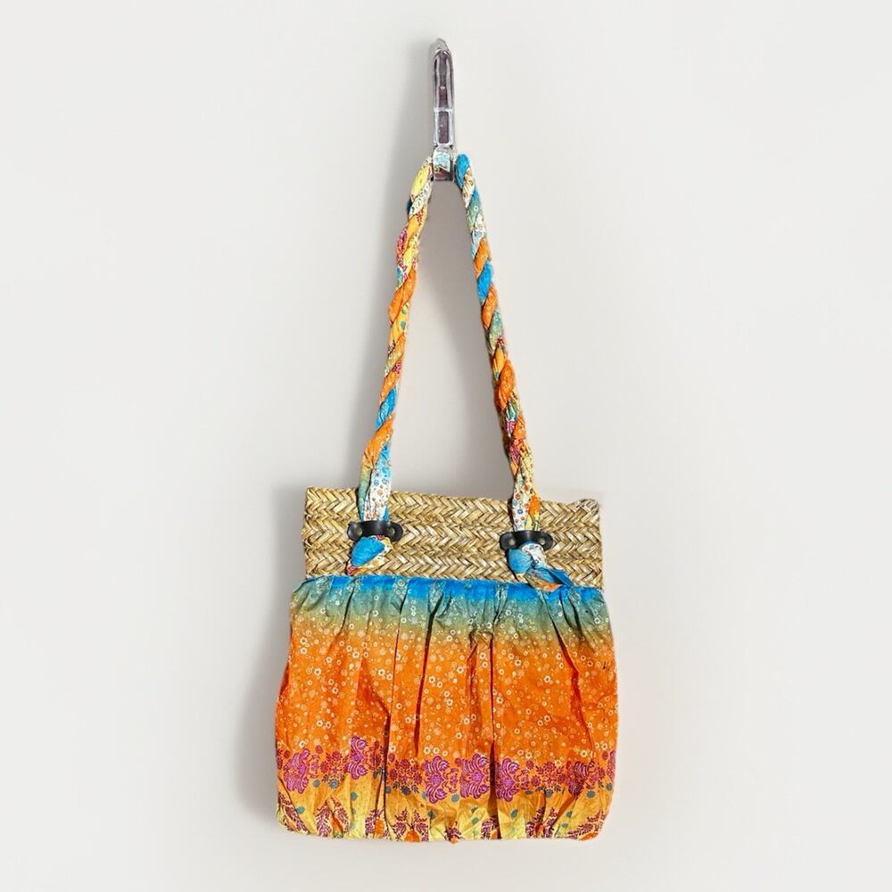 Cappelli Straworld Straw Tote Boho Sari Fabric Braided Handle Shoulder Bag Y2K